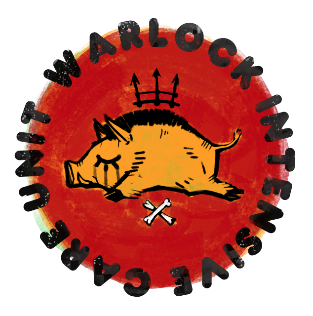 rotating logo featuring a sleeping boar with a levitating crown above & crossed bones below- the encircling text reads 'warlock intensive care unit'